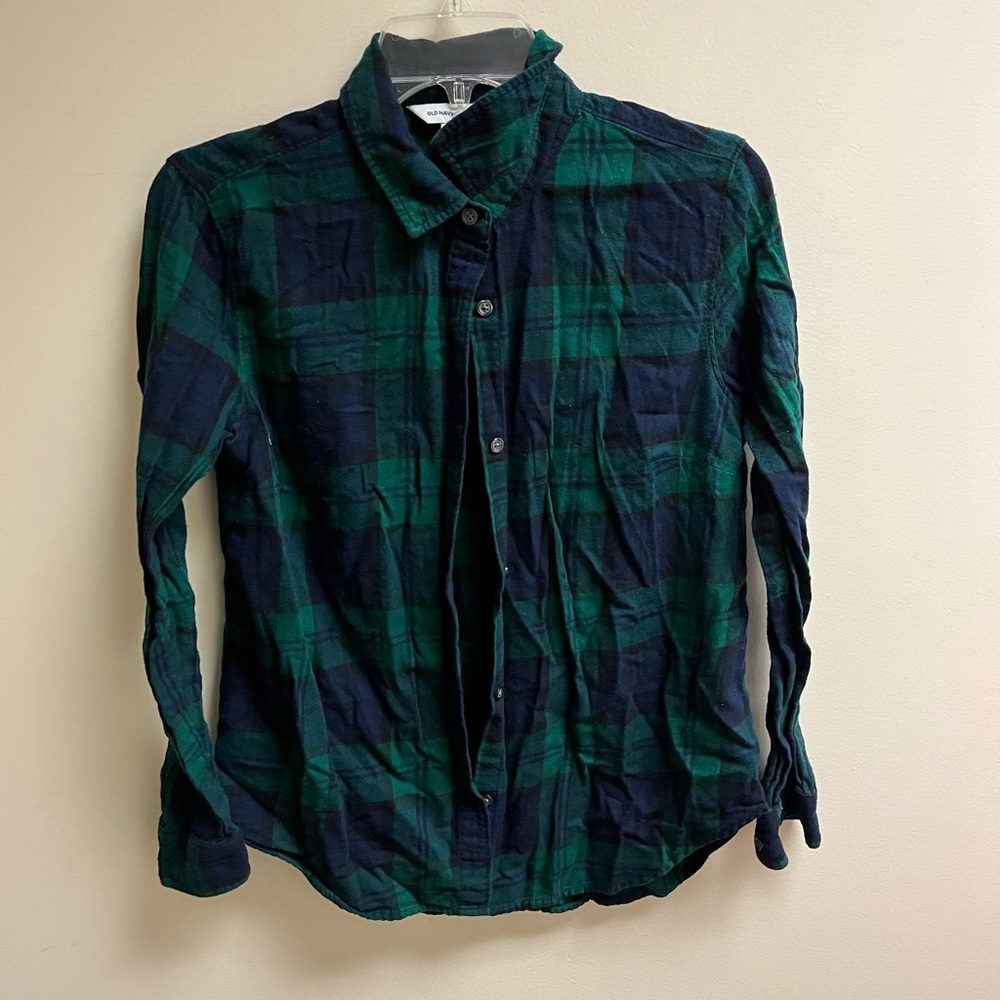 Old Navy Men's Green and Navy Plaid Shirt